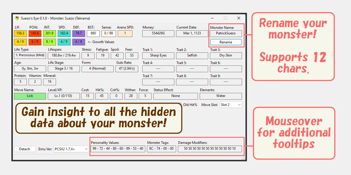 Lexi's Suezo's Eye side by side with game data